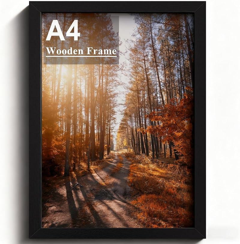 yenlk A4 Picture Frame, Wooden Black Frame with Safety Plexiglass
