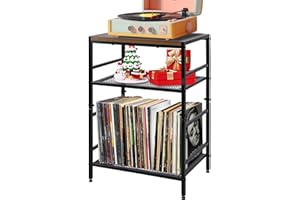 GIOTORENT 3-Tier Record Player Stand with Vinyl Storage, Tall Nightstand with Adjustable Shelf, Narrow Side Table/Bedside Table for Living Room, Bedroom, Office, Bathroom, Rustic Brown and Black
