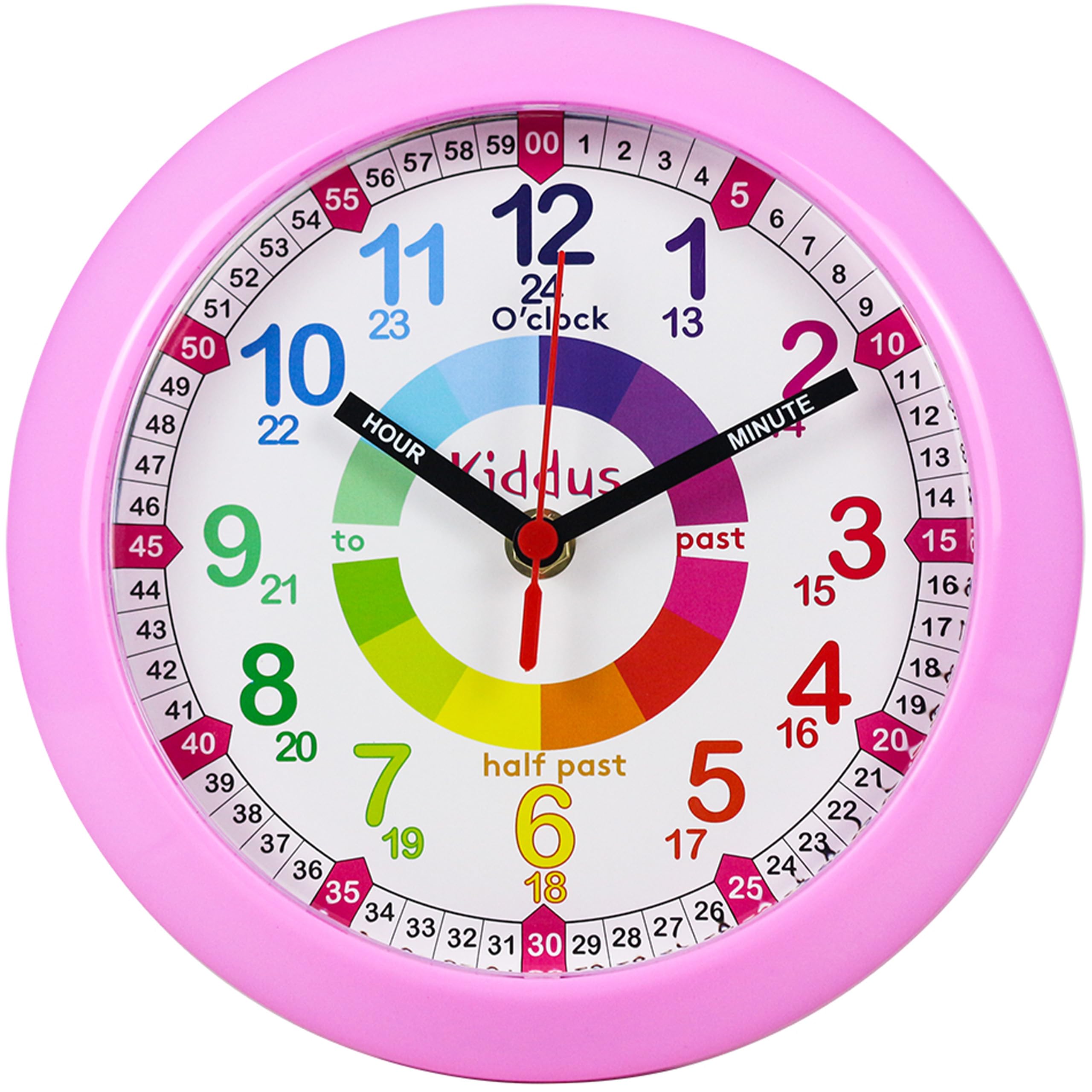 Kiddus Wall Clock for Boys and Girls. Silent Analogue Time Teacher with Exercises. Easy to Read and Learn the Time. Pink