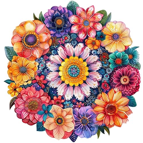 Mys Aurora Puzzles for Adults Round Flower Wooden Puzzles, 200 Pieces Unique Shaped Jigsaw Puzzles, Birthday for Adults and Kids, Fun Family Game 10.8'' x 11.2'' Medium Size