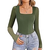 Avidlove Women's Long Sleeve Bodysuits Square Neck One Piece Body Suit Mesh Leotard Tops Double Lined Soft