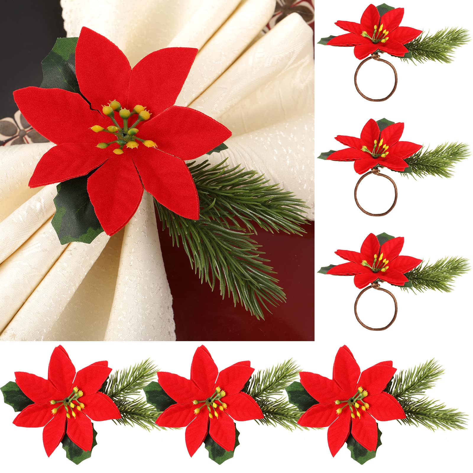 Photo 1 of 6 Pieces Christmas Pine Cone Napkin Rattan Rings Poinsettia Flower Holder Napkin Ring Berry Xmas Rustic Napkin Ring for Christmas Wedding Birthday Party Dinner Table Decor (Flower Style)