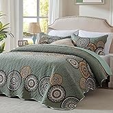 LEAONME 3 Pieces King Size Olive Green Quilt Set Lightweight Oversized Bedspread 98''x106'' Soft Microfiber Floral Coverlet Luxurious Warm Bed Cover for All Seasons (1 Quilt, 2 Pillow Shams)