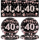 40th Birthday Party Paper Plates and Napkins,40th Birthday Supplies Tableware Set Plates Napkins for Woman Rose Gold Party Decorations Service 20