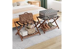 Smuxee Fully Assembled Walnut Luggage Racks Pack of 2, Upgraded Bamboo Foldable Suitcase Stand with 5 Nylon Straps, Luggage Holder with Shelf for Guest Room Bedroom Hotel