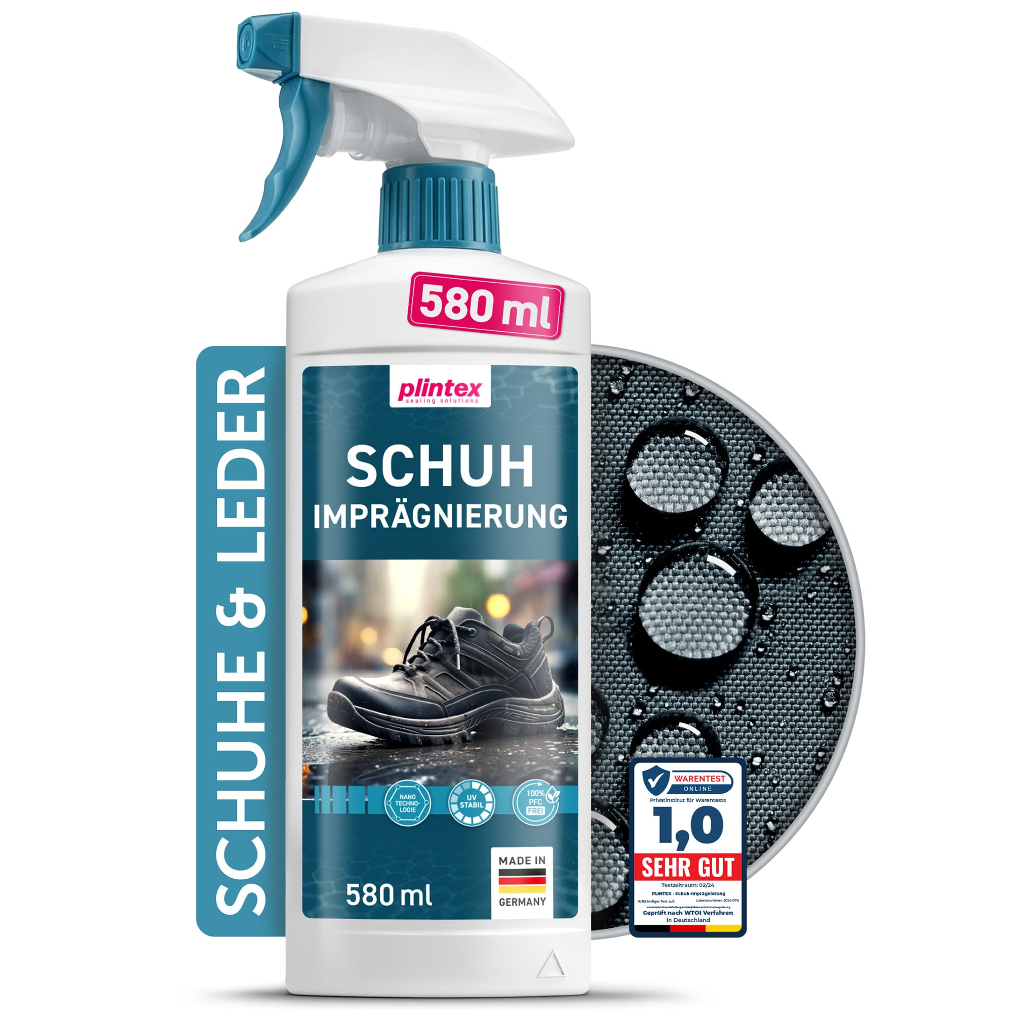 PLINTEX® Schuh Imprägnierspray 580ml - effektiv gegen Regen & Nässe - Schuh Textilien Imprägnierung 100% biologisch abbaubar - Schuhimprägnierung I Made in Germany