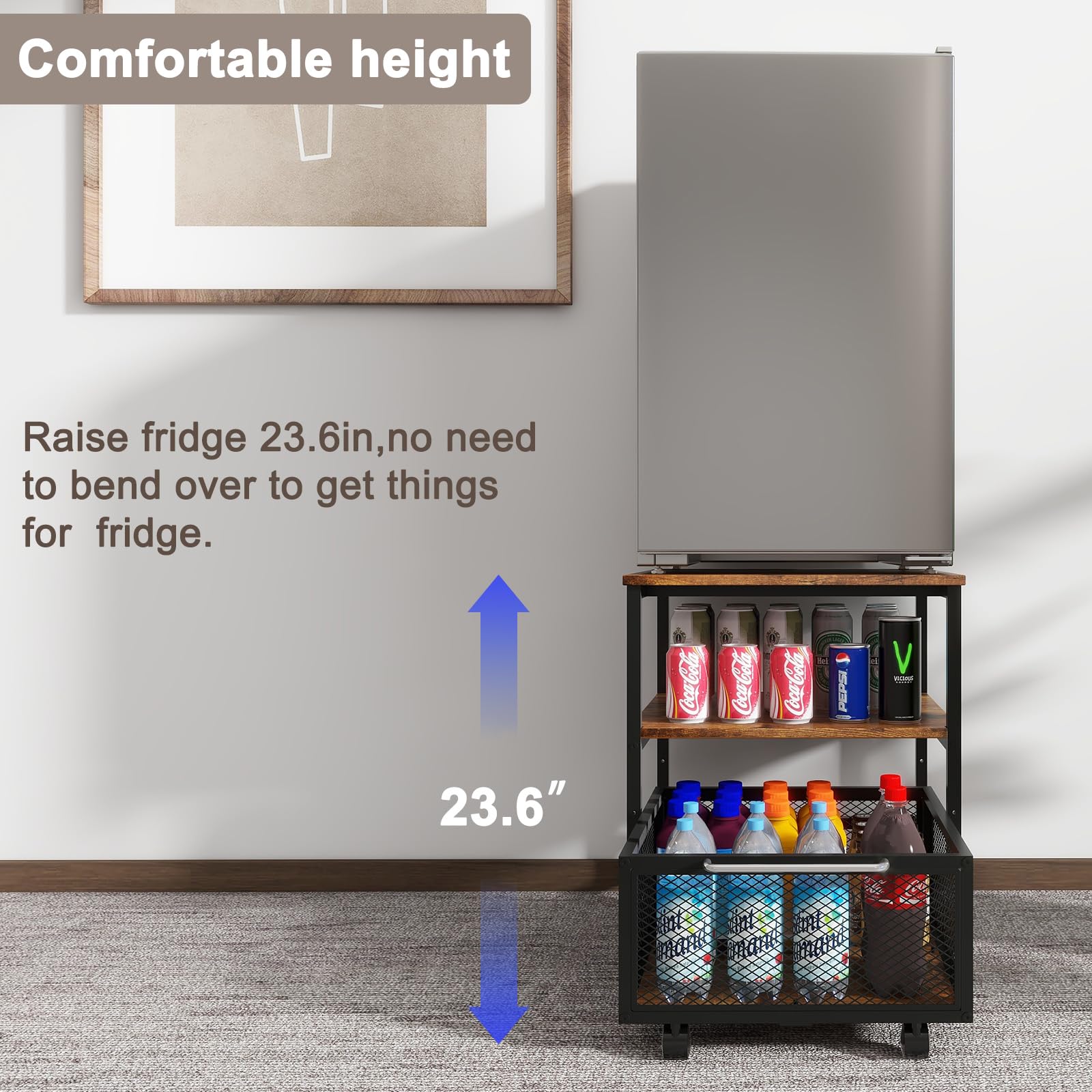 PUNCIA 19.7x19.7in Mini Fridge Stand with Storage and Wheels Heavy Duty Mini Fridge with Adjustable Shelf Table Beverage Refrigerator Stand for Coffee Bar Fridge Cart for Office Home Dorm Apartment