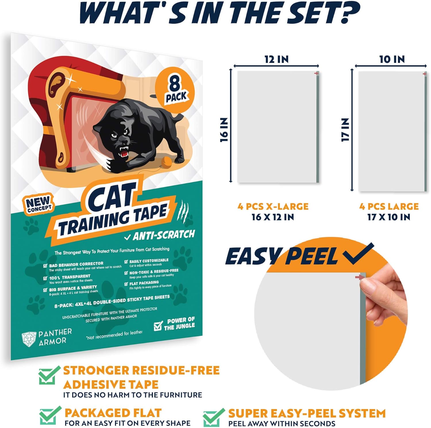 Panther Armor Cat Scratch Deterrent Tape – 8(Eight)-Pack – Double Sided Anti Cats Scratching Sticky Tape – 4-Pack XL 16”L 12”W + 4-Pack Large 17”L 10”W Furniture Protectors – Clear Training Tape : Pet Supplies