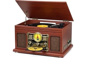 FEKTIK Bluetooth Record Player 10 in 1, 3-Speed Turntable for Vinyl with Speakers, LP to MP3 Converter, CD, Cassette Player, FM Radio, Wireless Streaming | Mahogany