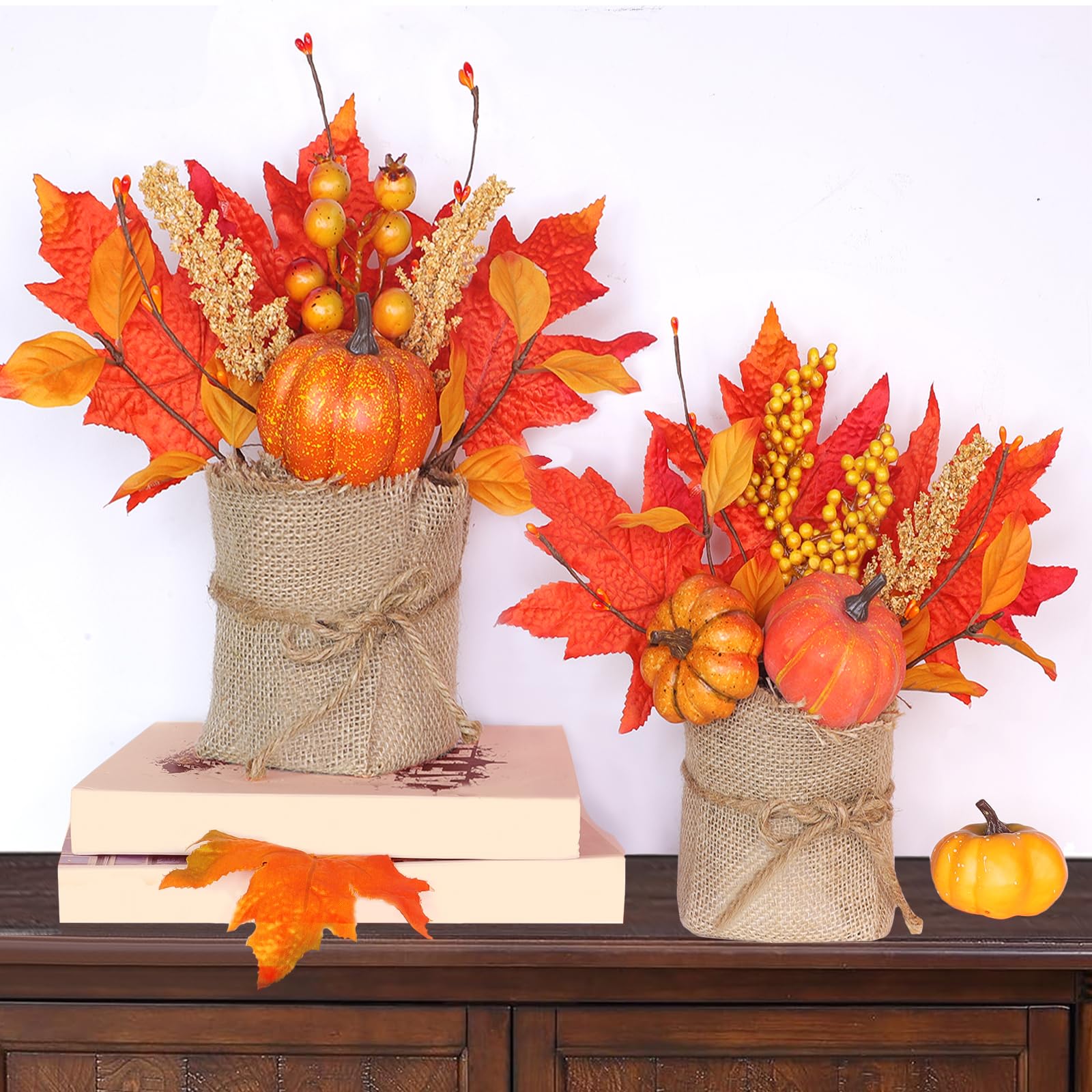 Photo 1 of 2 Styles Fall Decorations - 2 Pack 10 Inch Tabletop Fall Tree Thanksgiving Decorations Fall Table Centerpieces Maple Tree with Pumpkin Leafed Berry Wheat Halloween Thanksgiving Centerpieces for Tables