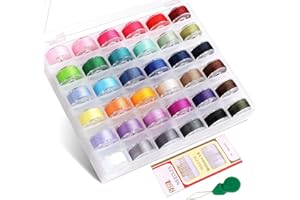 BABELSHAR 36Pcs Bobbins and Sewing Threads Prewound Bobbins with Case, Needle and Threader for Babylock Singer Janome Brother Multiple Sewing Machine, Standard Size and Assorted Colors