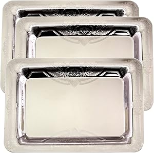 Maro Megastore (Pack of 3) 13.1 Inch x 9.1 Inch Oblong Chrome Plated Mirror Serving Tray Stylish Design Floral Engraved Edge Decorative Party Birthday Wedding Dessert Buffet Wine Platter Plate CC-748