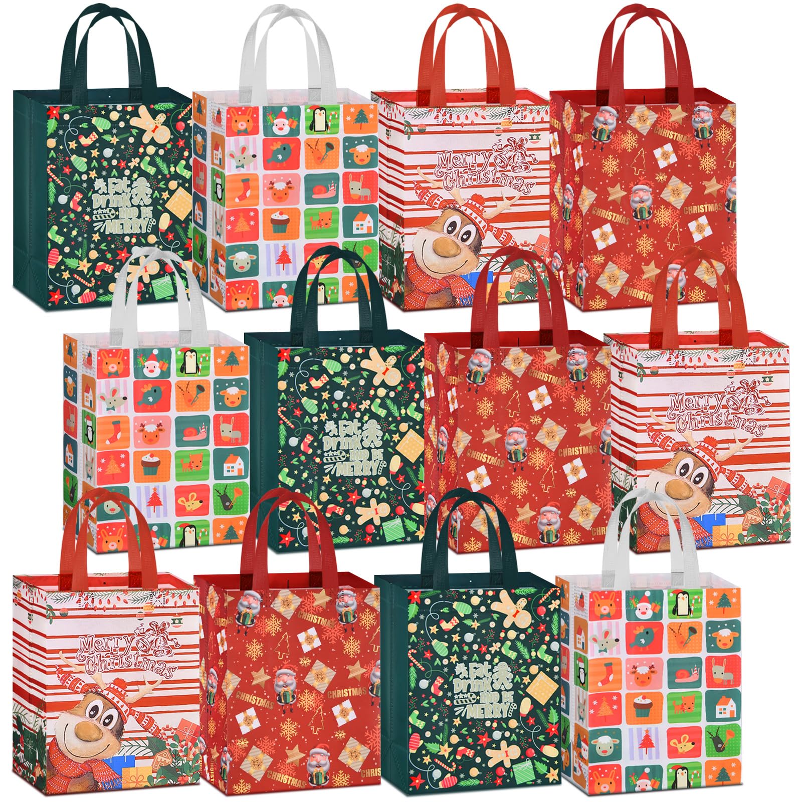 AhfuLife Christmas Bags for Gift, 26 x 21 x 12cm, 12pcs Xmas Gift Tote Bags with Handles, Reusable Multipack Non-woven Christmas Treat Shopping Bag for Children, Xmas Party Favor Decorations