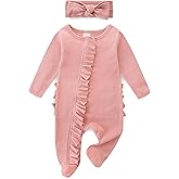 Newborn Baby Girl Ruffle Footie Romper Fall Winter Spring Coming Home Outfit One-piece Knit Jumpsuit with Bow Headband