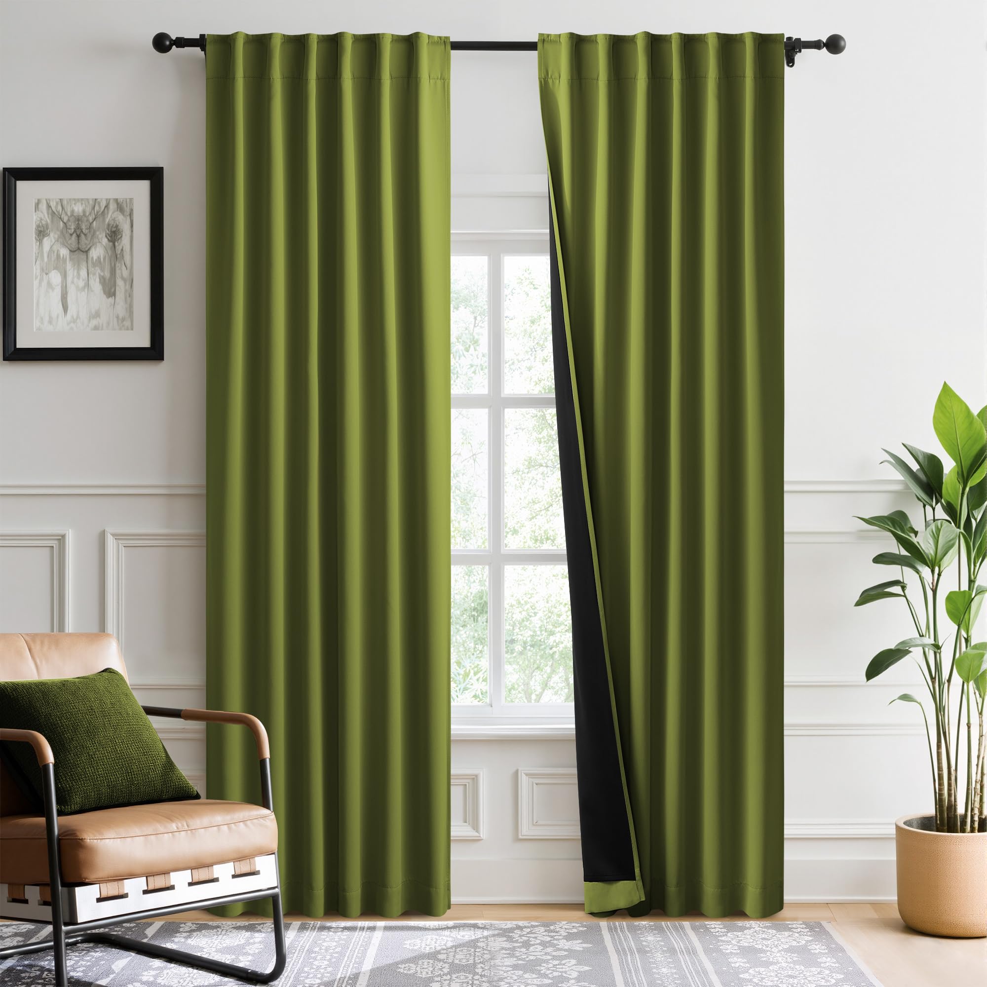 NICETOWN Olive Green 100% Blackout Curtains for Bedroom, 52x84 Inches Set of 4 for Living Room, Rod Pocket Back Tab & Noise Reducing Drapes Black Lined Insulated Window Treatment Panels Image