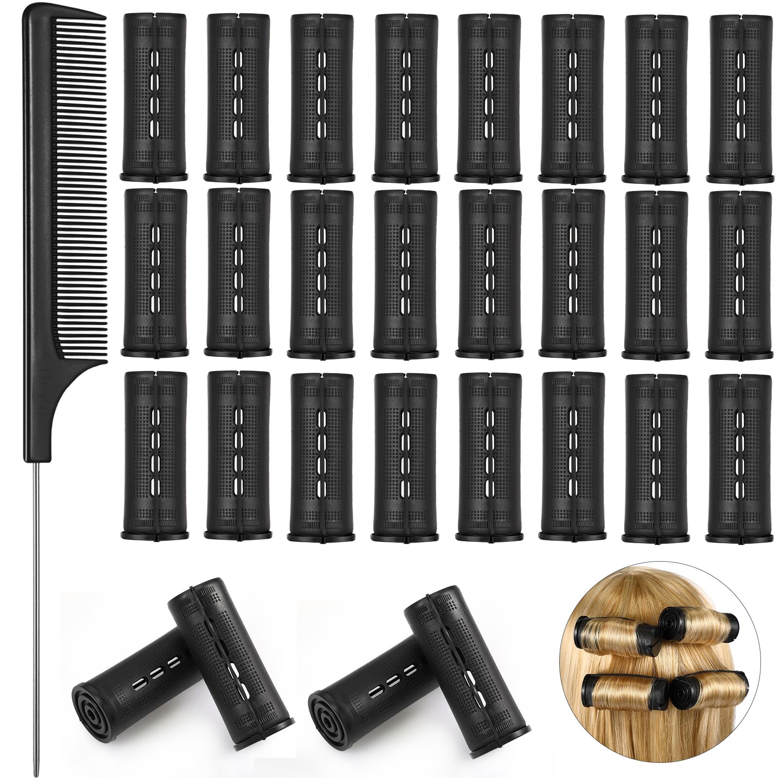 Photo 1 of 24 Pieces Hair Perm Rods Plastic Cold Wave Perming Curlers Hair Rollers with Steel Pintail Comb Rat Tail Comb Tools for Hairdressing Styling(Black,1.18 Inches)
