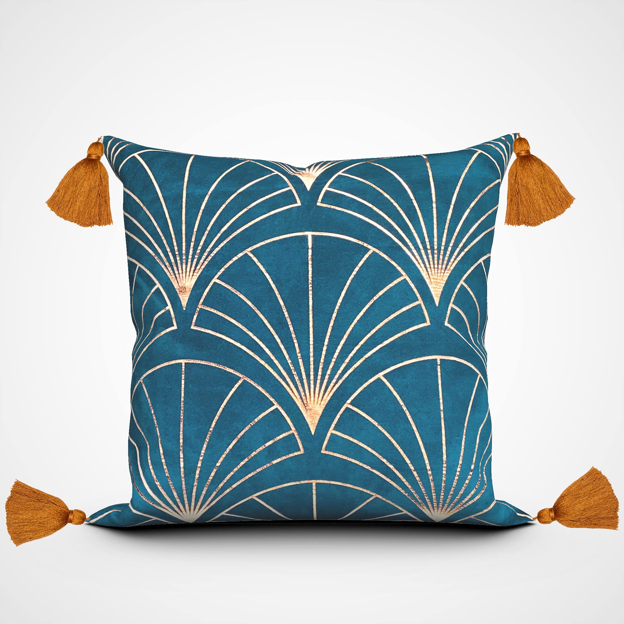 Moroccanity Art Deco Geometric Velvet Copper Foil Tassels Cushion Pillow Cover (Teal Green)
