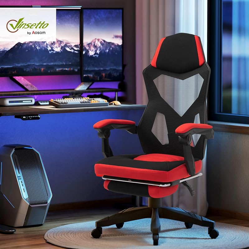 Silla Gaming Giratoria de Malla con Reposapiés Retráctil Rojo — foto 2 de 8