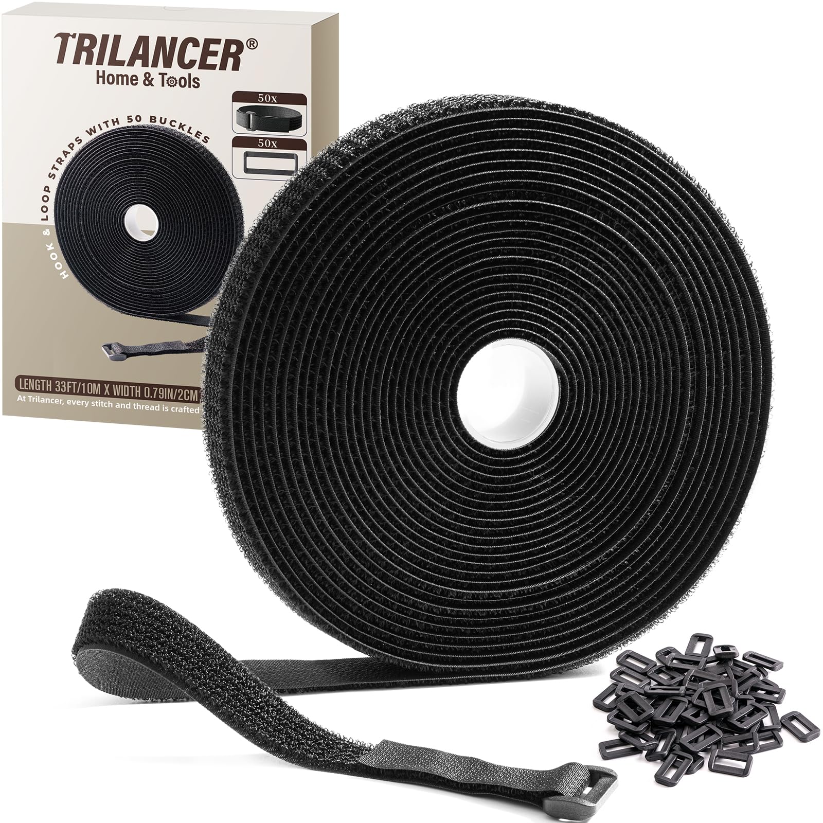 Trilancer 10M x 2CM Reusable Cable Ties, Adjustable Hook and Loop Straps with 50 Buckles, Cut to Length, Ideal for Wire Management, Cord Organizer, and Cable Straps, Black