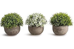 Opps Artificial Plastic Mini Plants Unique Fake Fresh Green Grass Flower in Gray Pot for Home Décor – Set of 3