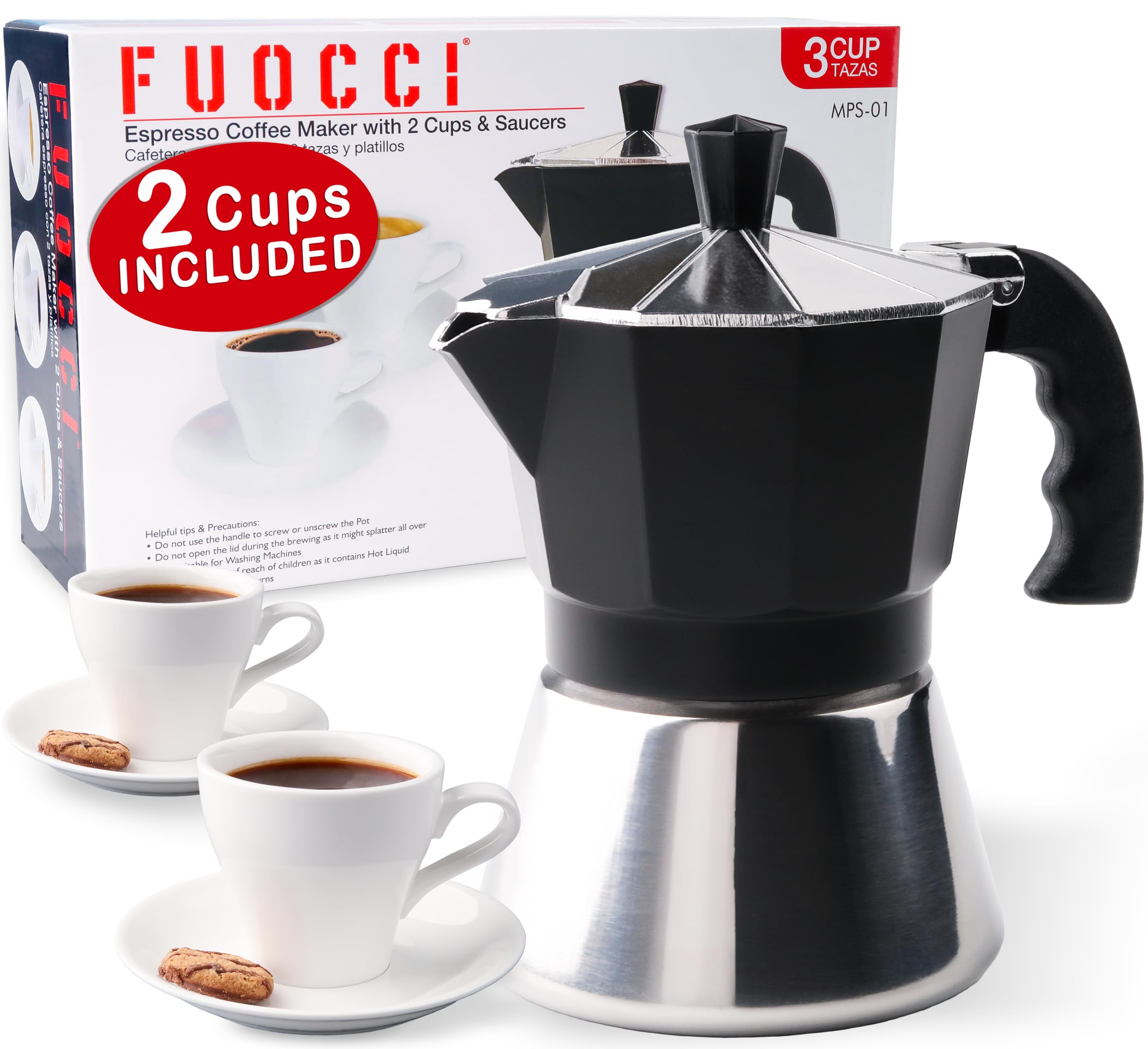Photo 1 of FUOCCI Moka Pot Espresso 3 cup with Espresso Cups Set of 2, Stovetop Espresso Maker Stainless Steel, Cafetera Cubana, Cuban Coffee Maker Mocha Pots, Grecas de Cafe, Espresso Pot Stovetop 180ml/6oz