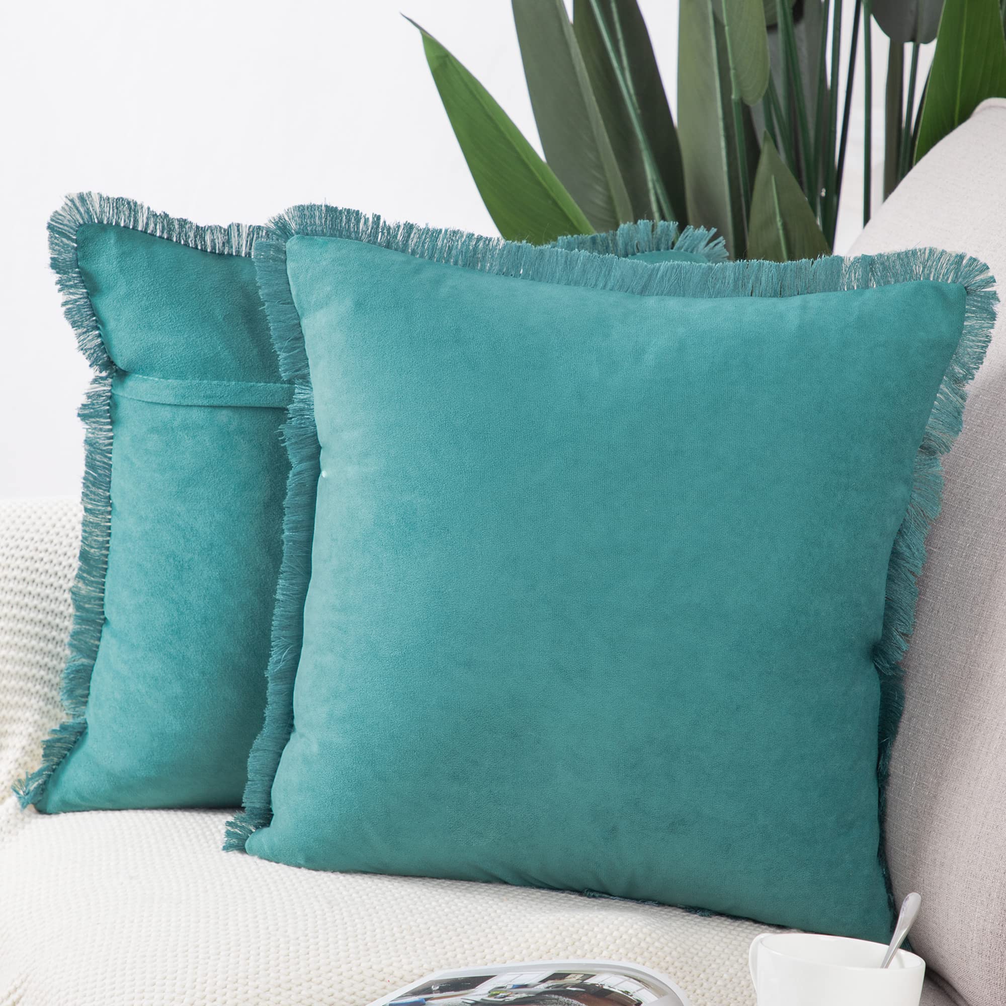 Madizz Set of 2 Suede Cushion Covers with Fringe Tassels 24x24 inch, 60x60 cm, Teal Soft Decorative Throw Pillow Cases for Sofa Bedroom Pillow Shell