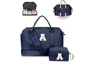 Vogewood Gifts for Women-Initial Duffle Bag with Shoe Compartment, Personalized Weekender Bag, Monogram Overnight Bag for Women, Letter Travel Bag with Makeup Bag，Gift for Women Friend (Letter A)