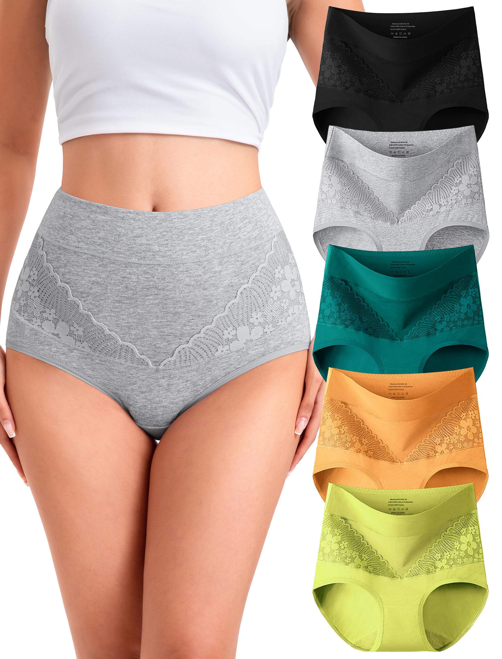 MISSWHO Cotton Underwear Women High Waisted Tummy Control Briefs C Section Postpartum Ladies Panties Large, 5 Packs