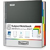 Dunwell 5-Subject Notebook, College Ruled, Colorful Movable Pocket Dividers with Tabs, Front/Back Plastic Covers, 200 Sheets (400 Pages) of 3-Hole Punch Perforated 8.5x11 Paper