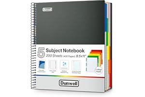Dunwell 5-Subject Notebook, College Ruled, Colorful Movable Pocket Dividers with Tabs, Front/Back Plastic Covers, 200 Sheets (400 Pages) of 3-Hole Punch Perforated 8.5x11 Paper