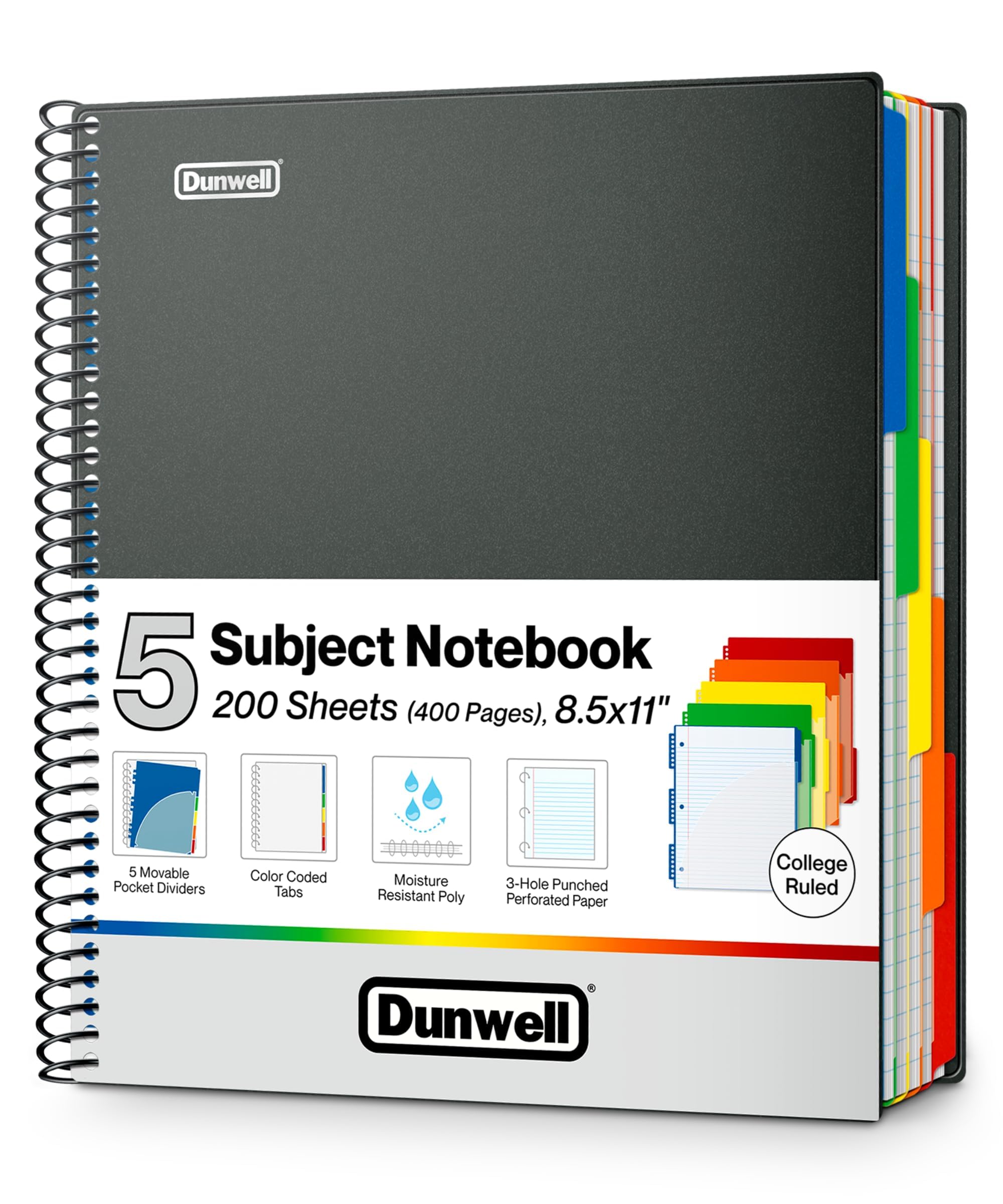Photo 1 of Dunwell 5-Subject Notebook, College Ruled, Colorful Movable Pocket Dividers with Tabs, Front/Back Plastic Covers, 200 Sheets (400 Pages) of 3-Hole Punch Perforated 8.5x11 Paper