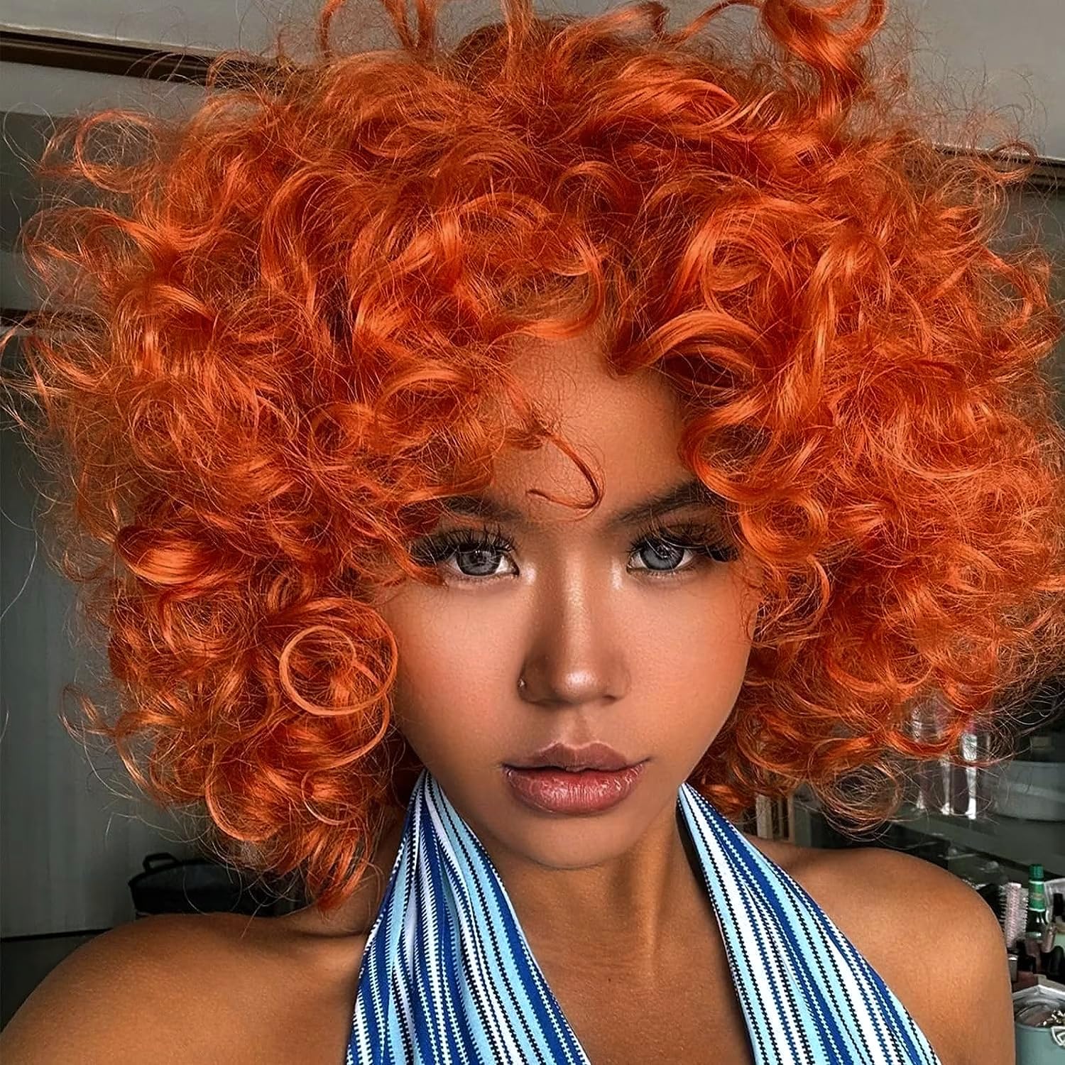 PORSMEER Reddish Orange Curly Afro Wigs for Women Natural Synthetic Hair Kinky Big Wave Bob Wig for Halloween Cosplay Movie Costume/Daily Wear — image 1