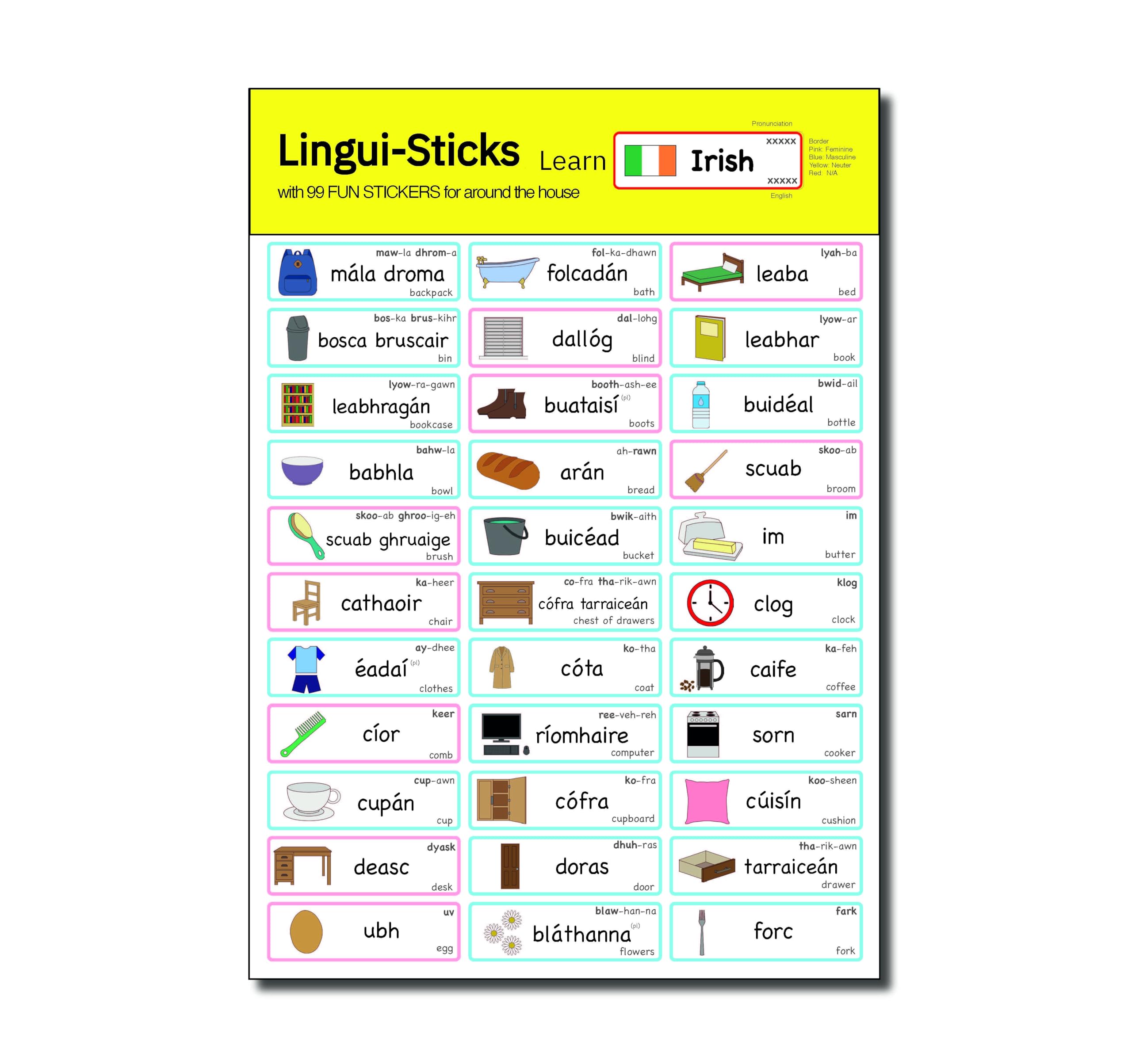 Lingui-Sticks Language Learning Stickers - Educational Stickers to Learn Irish for Kids & Beginners
