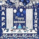 Blue Birthday Decorations for Men Women, Navy Blue and Silver Happy Birthday Decorations, Happy Birthday Banner Balloons Tablecover Fringe Curtain Porch Door Banner for Mens Boy Bday Party Supplies