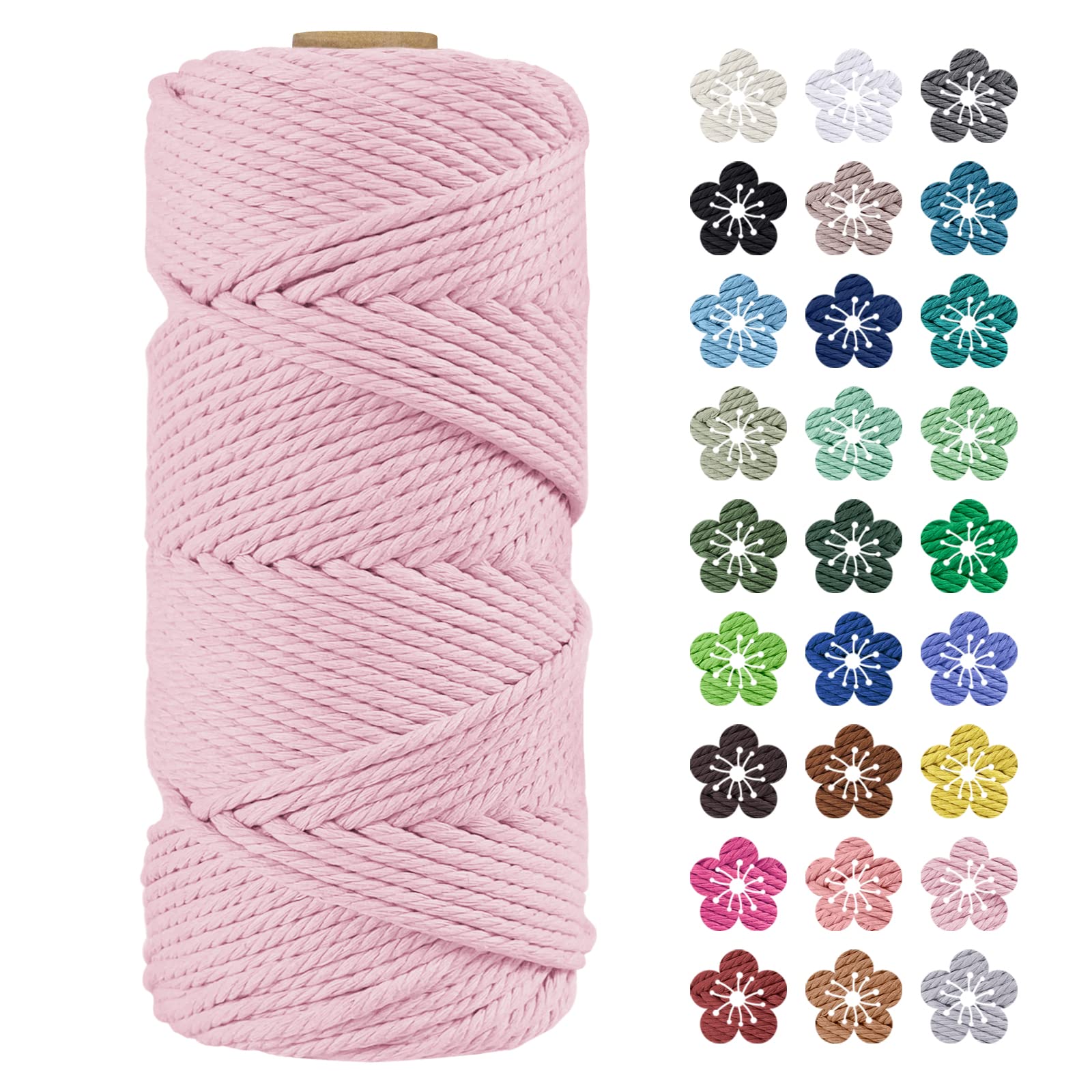 LEREATI Macrame Cord 4mm x 100m, Thick Macrame Rope Natural Cotton Rope Craft String, 4 Strand Twisted Cotton Cord Yarn for DIY Plant Hanger, Wall Hanging, Christmas Decoration (Pink)