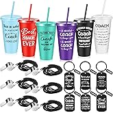 6 Set Coach Gifts for Men Women, Best Coach Ever Plastic Cup with Lid and Straw 24 oz Coaches Keychain Whistle Wrestling Basketball Hockey Baseball Softball Coaches Appreciation Gift(Multicolor)