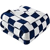 Elegant Comfort Checkered Throw Blanket, Navy Blue Super Soft Cozy Fluffy Warm Throw Blankets for Couch, Sofa, Chair, Bed, Camping, Picnic, Travel Lightweight Bed Blanket (50" x 70")