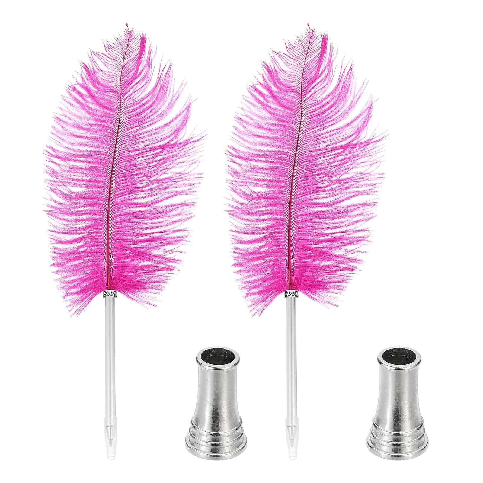 PATIKIL Feather Ballpoint Pen, 2 Pcs 0.5mm Fluffy Vintage Ink Quill Pen Refined Plated Rod Quill Pen with 2 Pcs Stand Holder for Calligraphy Writing Signature Guest Wedding Gift, Rose Red