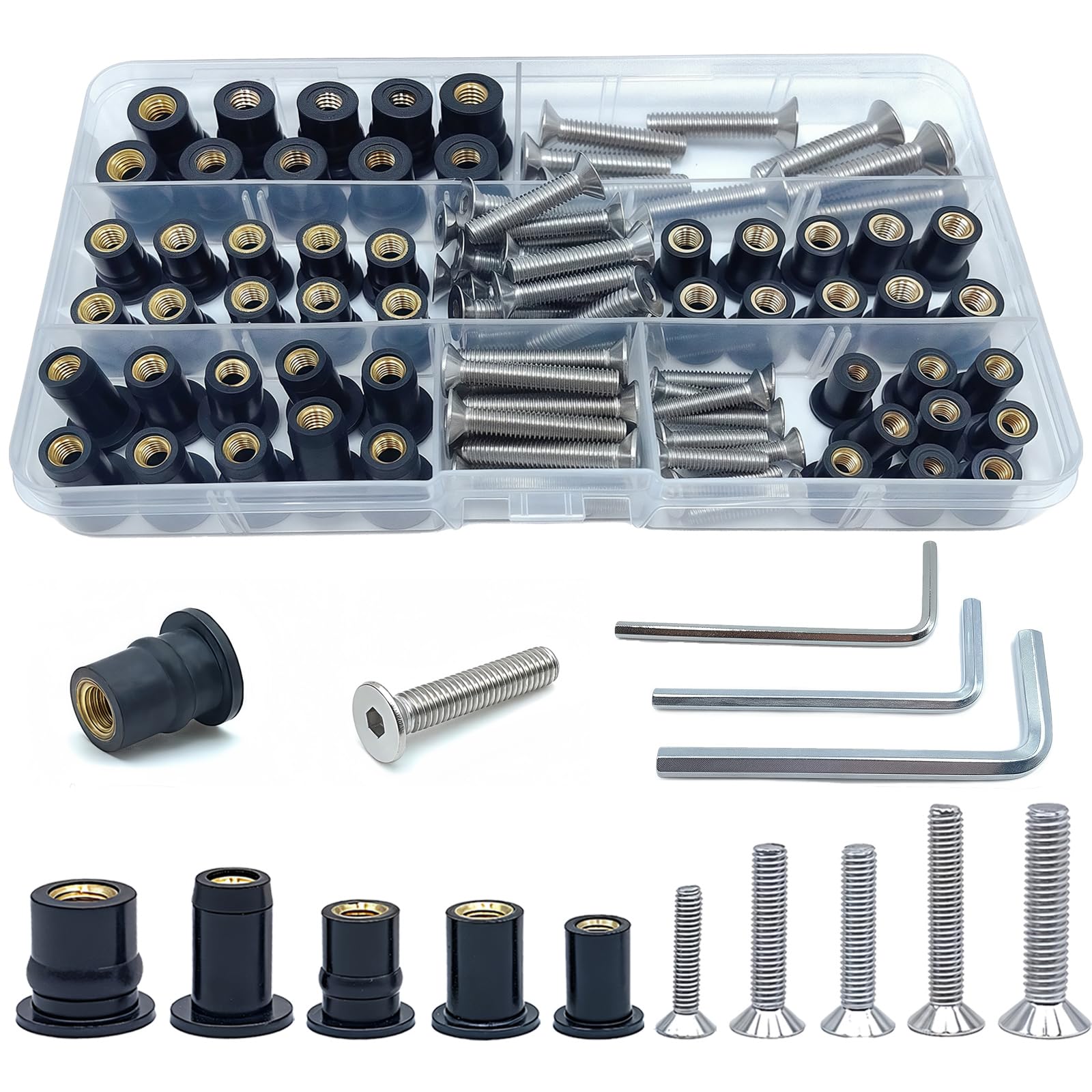 View 1 of 103 Pcs M4 M5 M6 Neoprene Well Nuts,304 Stainless Steel Hex Socket Bolts Well Nut Kit for Kayak,Marine,Motorcycle,Windscreen Accessories,Neoprene nut Contains Brass Nuts Copper nut