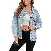 Kedera Pearl Beaded Denim Jacket for Women Button Down Oversized Jean Jacket Distressed Long Sleeves Cropped Casual Coat