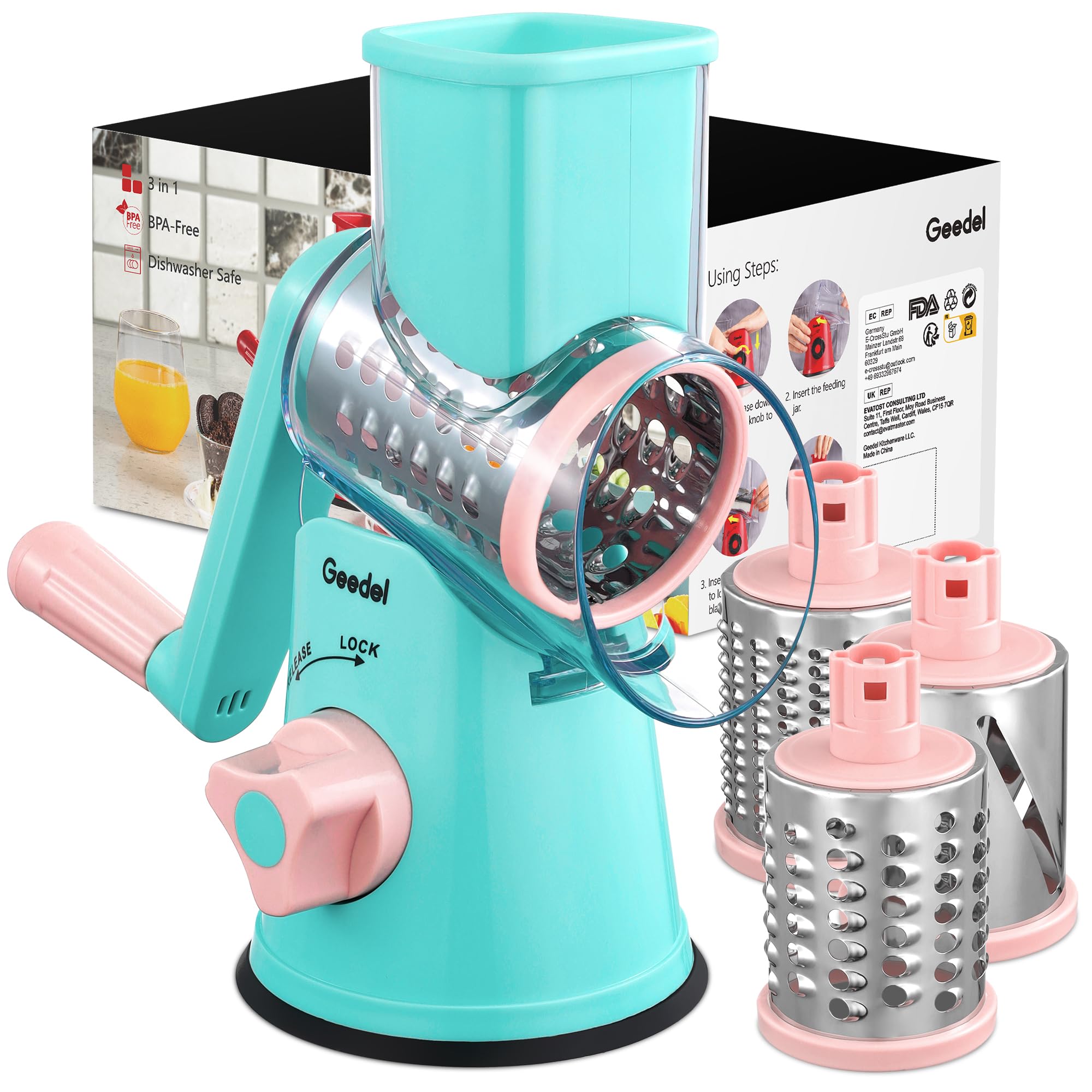 Photo 1 of Geedel Rotary Cheese Grater, Kitchen Mandoline Vegetable Slicer with 3 Interchangeable Blades, Easy to Clean Rotary Grater Slicer for Fruit, Vegetables, Nuts