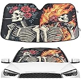 Gothic Skeleton Fire Skull Windshield Sunshade Car Sun Shade Front Window Shade for Truck SUV Blocks UV Rays Sun Reflector Visor Protector Accordion Folding