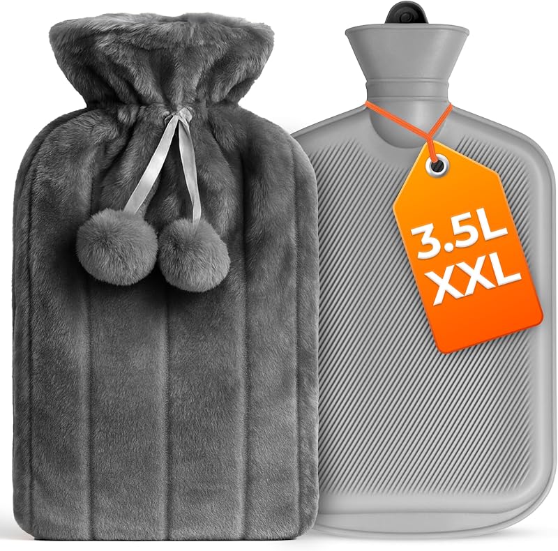 volila 3.5L Extra Large Hot Water Bottle Grey Faux Fur Cover