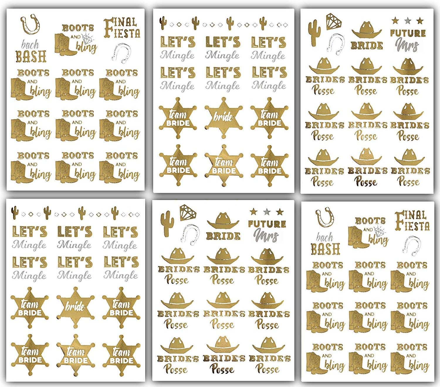 Western Bride Bachelorette Party Tattoos - 100 Team Bride Metallic Temporary Tattoos Gold (6 Sheets) Bachelorettesy Georgia
