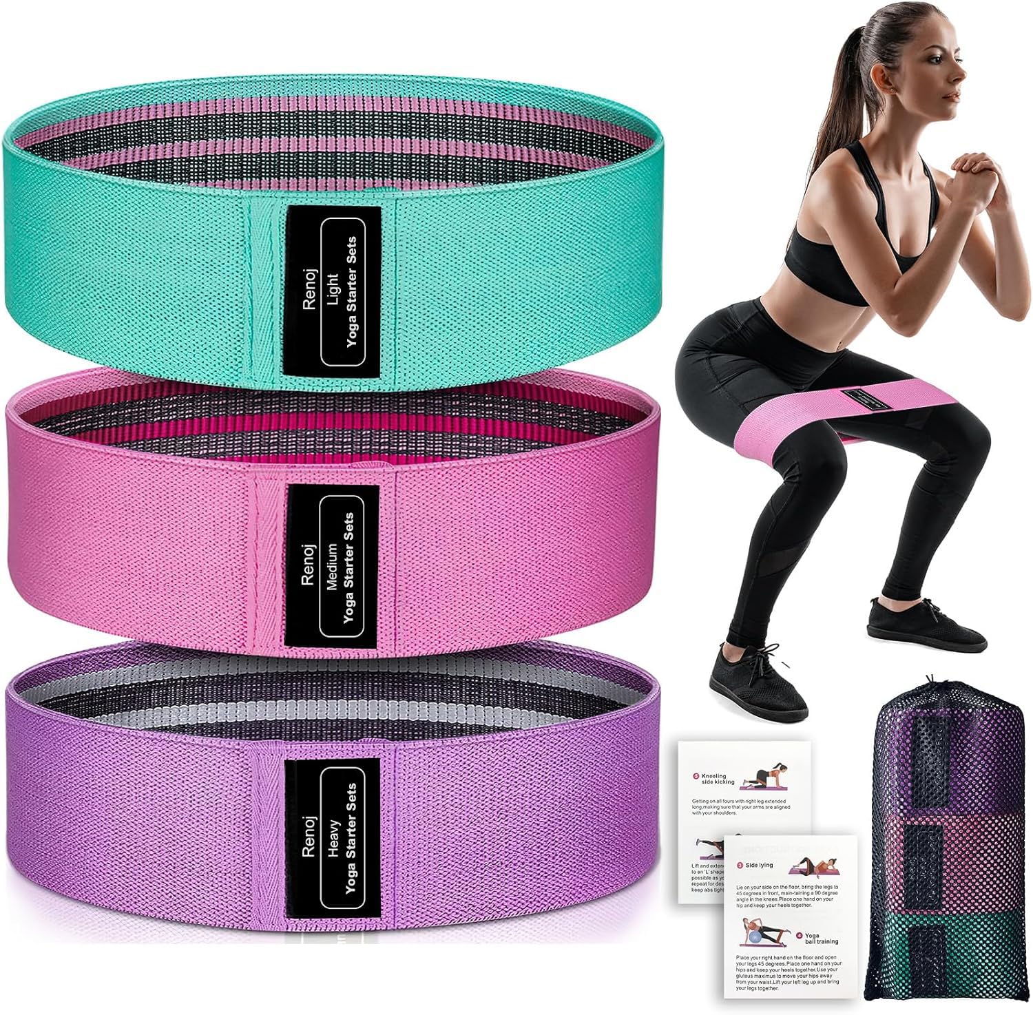 RenoJ Exercise Bands, Resistance Bands for Women, 3 Set Pilates Booty Fabric Bands for Fitness, Workout, Yoga, Training, Gym, Home (Pink)