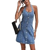 utcoco Denim Dress for Women Halter Neck Button Down Sleeveless Bodycon Jean Mini Dress for Women 2025