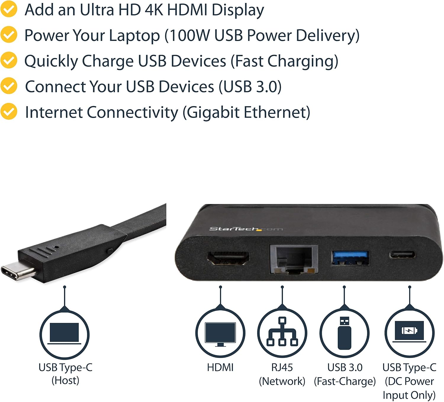 StarTech.com USB C Multiport Adapter, Portable USB-C Dock with 4K HDMI, 100W PD 3.0 Pass-Through, 1x USB-A, 1x USB-C, GbE - Image 3