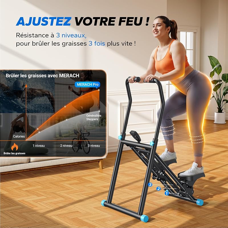 2026 Stair Stepper Pro, Stairmaster pour la Maison avec 3 Niveaux de résistance réglables, Machine d'escalade Verticale Pliable avec Guidon réglable pour la Maison, Le Bureau, Appareil de
