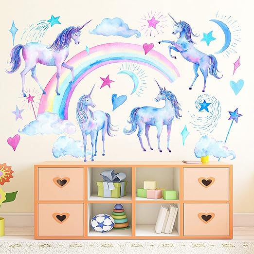 Wandsticker4u Xl Wandtattoo Aquarell Einhorn Regenbogen I Wandbilder 110x110 Cm I Wandsticker Kinderzimmer Madchen Pferd Unicon Poster Herz Sterne Aufkleber I Wand Deko Fur Kinder Amazon De Baumarkt