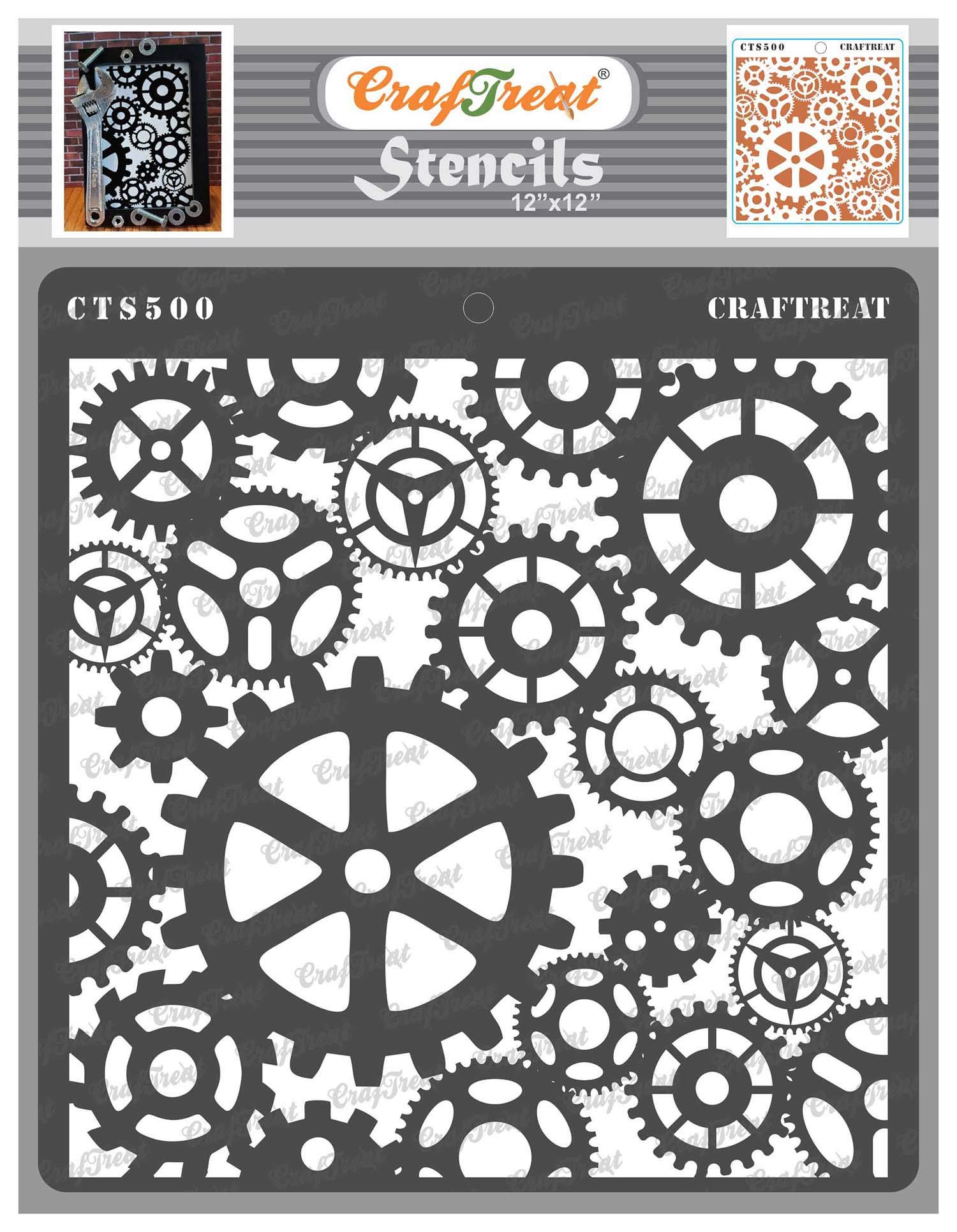 CrafTreat Reusable Steampunk Gears Stencil for Painting on Wood, Canvas, Paper, Fabric, Floor, Wall and Tile - Gears -12x12 Inch - Steampunk Stencil for Wall Painting - Gear Stencil